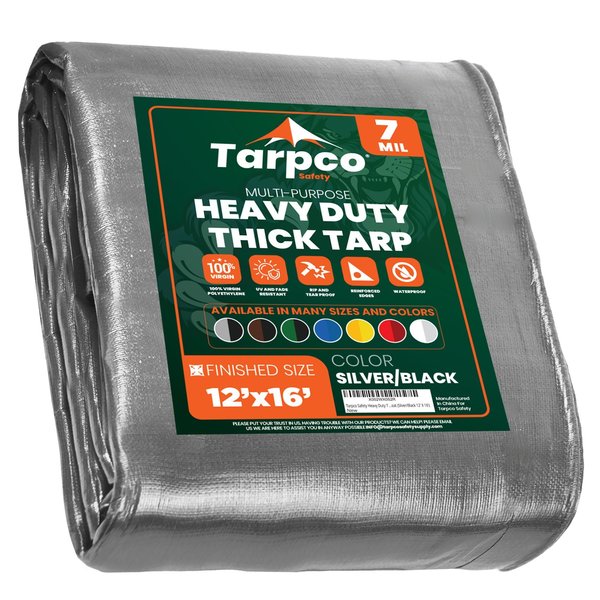 Tarpco Safety 16 ft L x 0.5 mm H x 12 ft W Heavy Duty 7 Mil Tarp, Silver/Black, Polyethylene TS-201-12X16